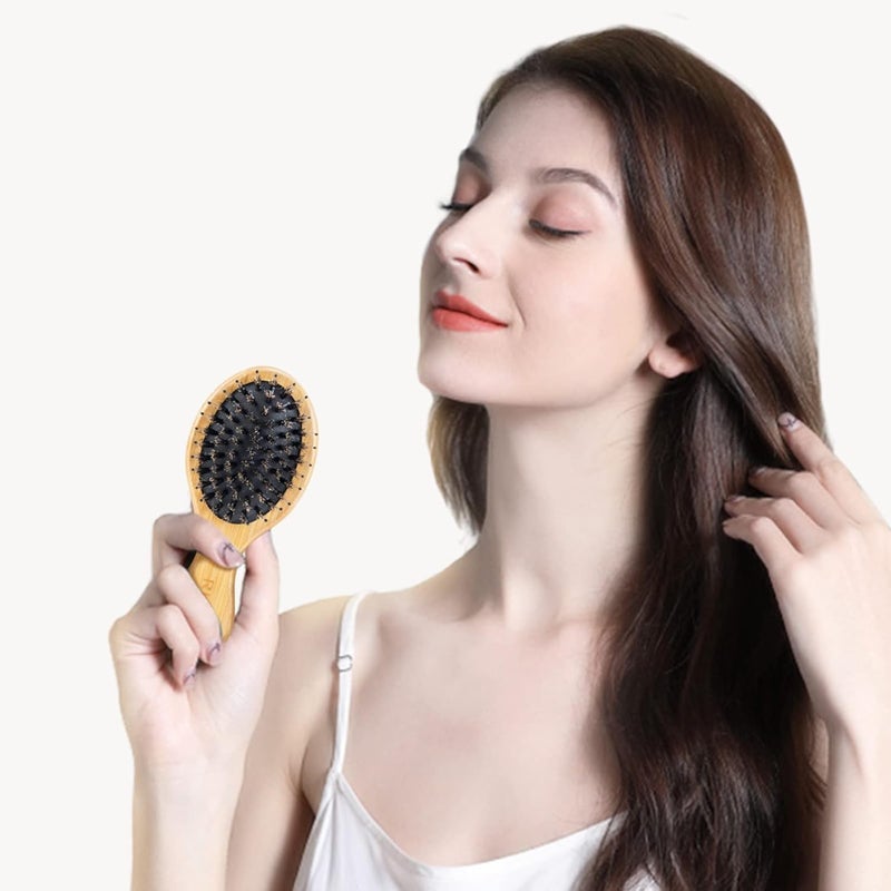 RHOS Mini Boar Bristle Hair brush for Women/Men/Kids-Small bamboo Paddle Brush for Smoothing/Detangling/Adding Shine-Travel Size bamboo Hair Brush for Pocket,Bag - Image 4